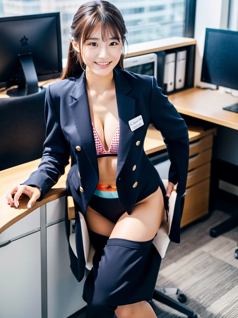 (((she is in a bikini)))、masterpiece、超High resolution、She is very cute and young like an idol...々Cute 18 year old business woman、((She is small, only 140cm tall.))、Gentle and cute、A kind smile、Medium Bust、Working in an office with a business desk in a building、((He is having a conversation with a male employee wearing a suit.)). whole body、RAW Photos、Genuine、High resolution、Live Action