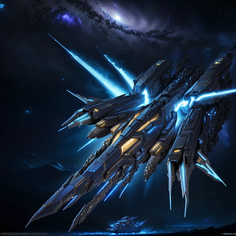 starcraft 2 ,highly detailed 8k resolution digital art, cinematic lighting, intricate armor design, glowing energy effects, dynamic composition, vibrant colors, photorealistic, concept art style, masterpiece,The Storm Warship of Starcraft 2,beautiful starry sky,Warships in Space,warship,aircraft carrier,UHD