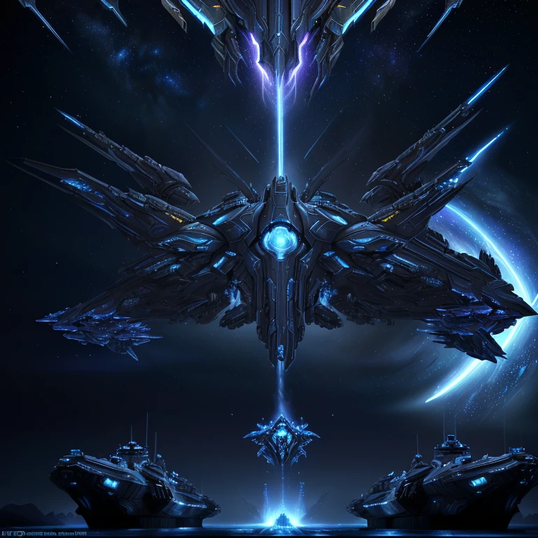 starcraft 2 ,highly detailed 8k resolution digital art, cinematic lighting, intricate armor design, glowing energy effects, dynamic composition, vibrant colors, photorealistic, concept art style, masterpiece,The Storm Warship of Starcraft 2,beautiful starry sky,Warships in Space,warship,aircraft carrier,UHD