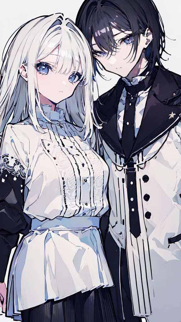 Very detailed, ((Two friendly young people:1.5)), Perfect Face, Beautiful Face, Very detailed顔，(Black-haired young man:1.3)，(White-haired young man:1.3)，Frilled shirt，smile，flower