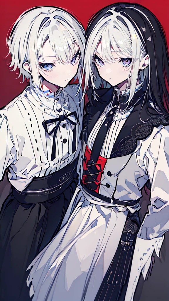 Very detailed, ((Two friendly young people:1.5)), Perfect Face, Beautiful Face, Very detailed顔，(Black-haired young man:1.3)，(White-haired young man:1.3)，Frilled shirt，smile，flower