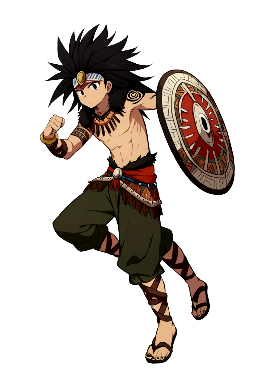 higrres 1 boy, joung boy, , all lefth arm aztec tatto, bare soulders, full body,  nails, black eyes, black hair, aztec weapon, long hair, looking at viewe, male focus, tattoo, aztec shield, aztec, tribal warrior, tribal armor, dark-skinned, mask, helmet, jaguar skin cape, combat pose, war cry exprexion, jaguar fur, repeat it in a kunoichi tsubaki style, white background simple background, 
