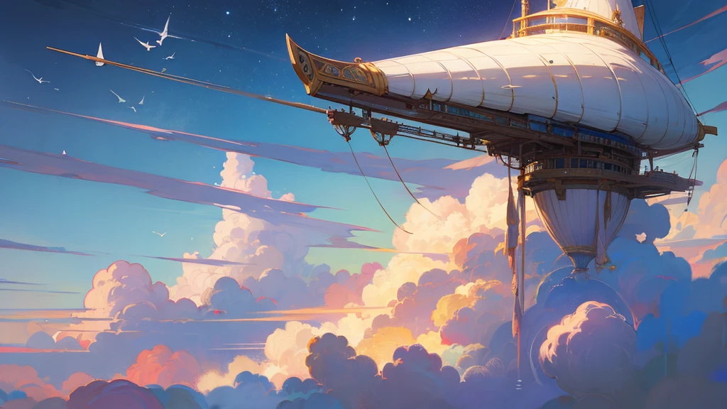 Anime Style,Nostalgic,Detailed background,Magical World,Airship,Beautiful sky,Beautiful Elf with a Bard's Smile,guitar,Large Breasts,Healthy thighs