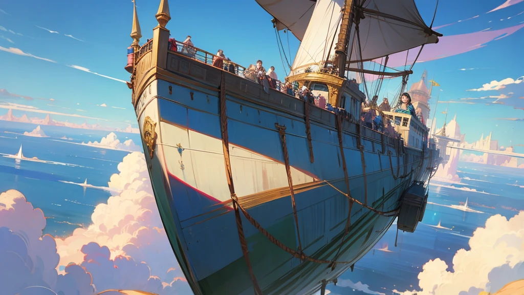 Anime Style,Nostalgic,Detailed background,Magical World,Airship,Beautiful sky,Beautiful Elf with a Bard's Smile,guitar,Large Breasts,Healthy thighs