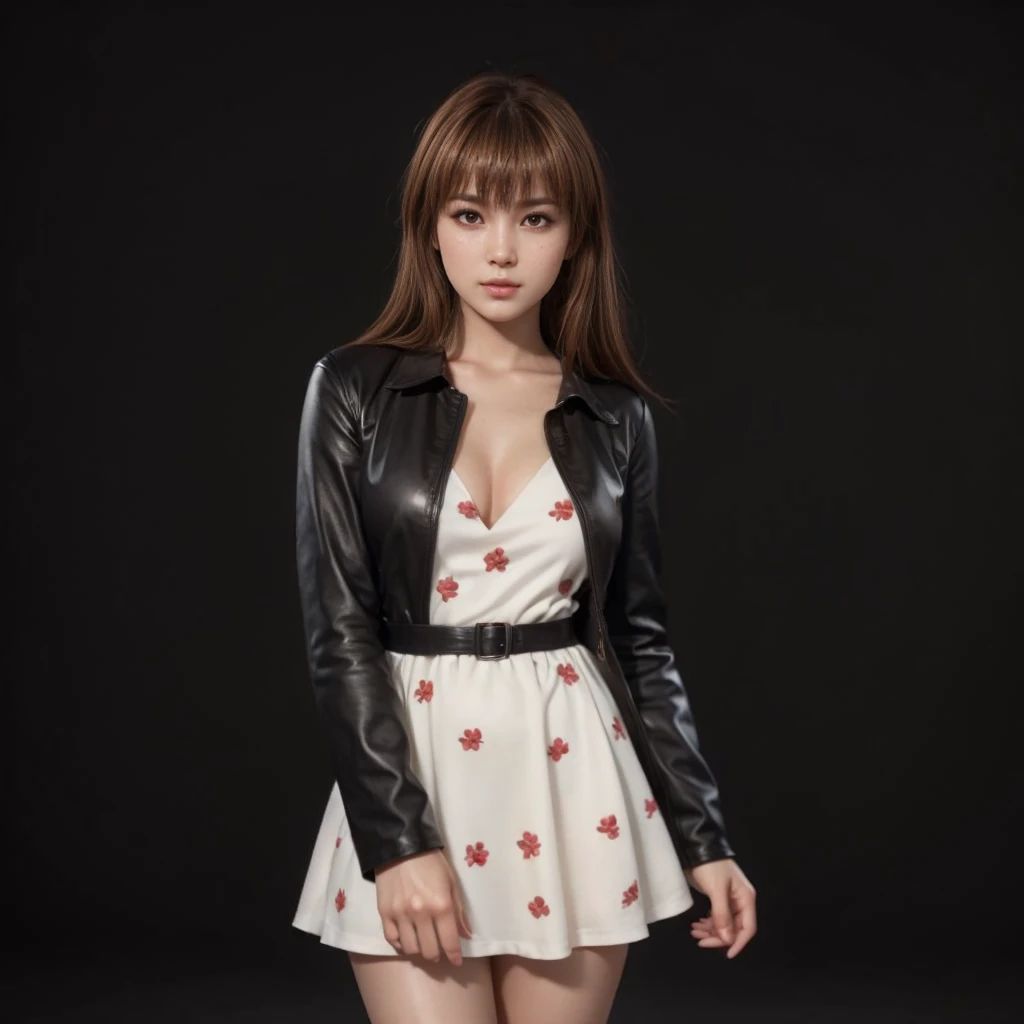 Kasumi, brown eyes, (best quality, ultra-detailed), (realistic:1.37), beautiful and detailed face, ultra-realistic texture, delicate face, delicate body, red lipstick, bright colors. High definition, 8K.