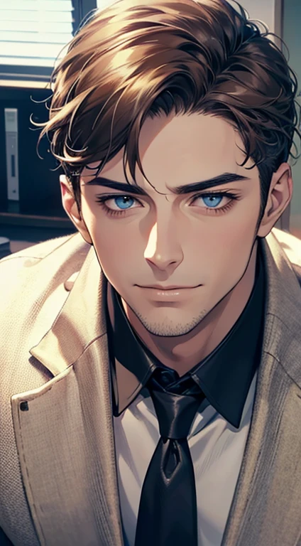 (best quality,4k,8k,highres,masterpiece:1.2),ultra-detailed,(realistic,photorealistic,photo-realistic:1.37),1 man,31 years old,mature man,very handsome,without expression,smile,short grey brown hair,blue eyes,penetrating gaze,perfect face without errors,imposing posture,businessman,office background,cinematic lighting,hdr image