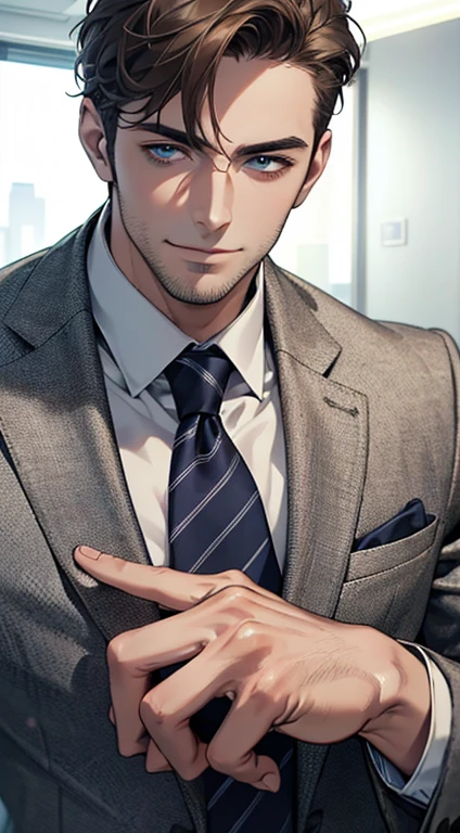 (best quality,4k,8k,highres,masterpiece:1.2),ultra-detailed,(realistic,photorealistic,photo-realistic:1.37),1 man,31 years old,mature man,very handsome,without expression,smile,short grey brown hair,blue eyes,penetrating gaze,perfect face without errors,imposing posture,businessman,office background,cinematic lighting,hdr image