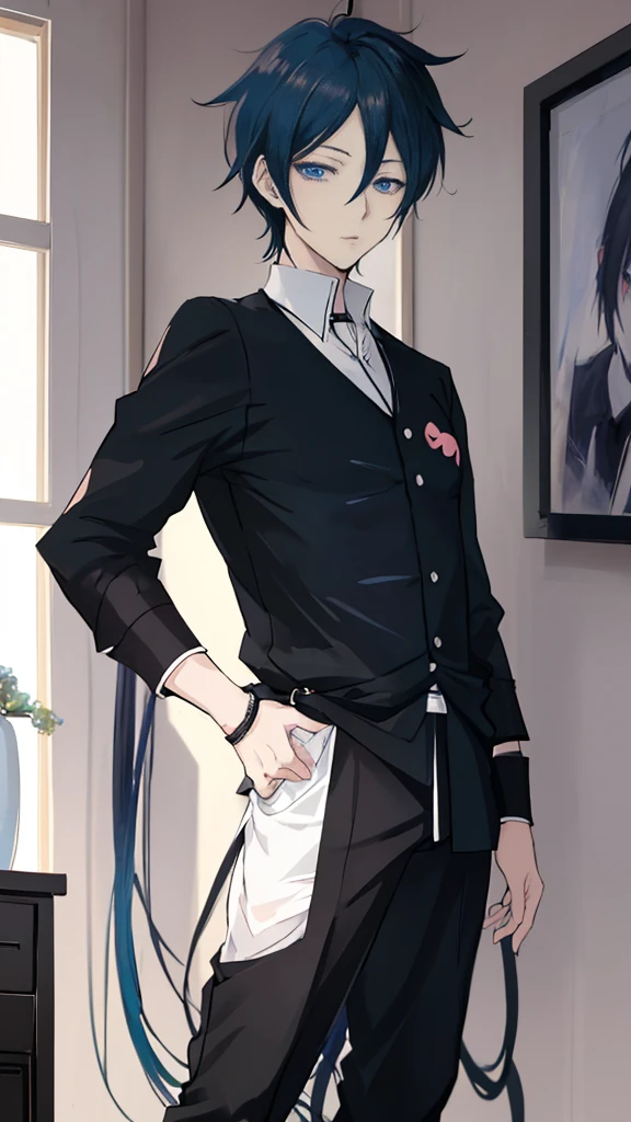 Full Body，Anime - Style image of a man in black and white shirt and pants, Beautiful anime poses, Tall anime boy with blue eyes, Full body portrait de un corto!, Male anime style, Full body anime illustration, Anime Youth, !!Full body portrait!!, inspired by Itō Ogura Yonesuke, inspired by Okumura Masanobu