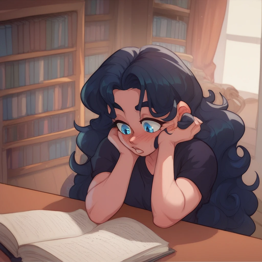 Ralph Bakshi Style, Curvy blue eyed girl with long wavy black hair and small breasts, (cruel_expression):3.0, humping bookshelf