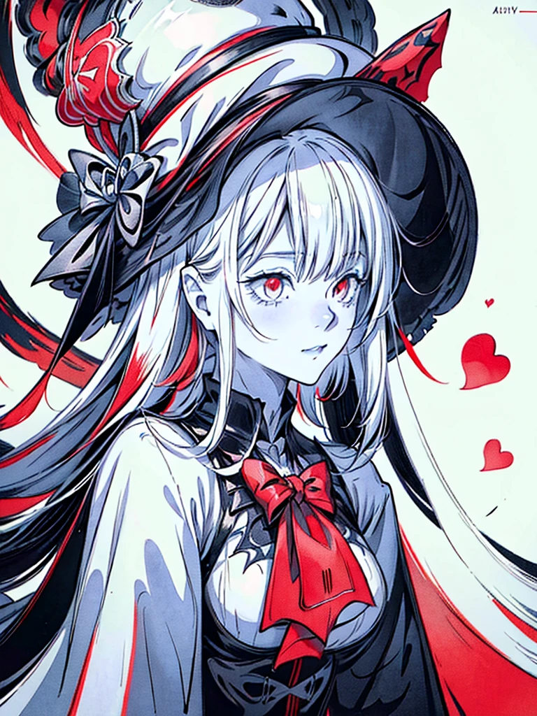 a close up of a person with a hat and a top hat, kawacy, anime cover, gothic harts, shadowverse style, from arknights, high detailed official artwork, black and white with red hearts, harley queen, nightcore, monochrome and red color bleed, light novel cover art, artbook artwork, artwork in the style of guweiz
