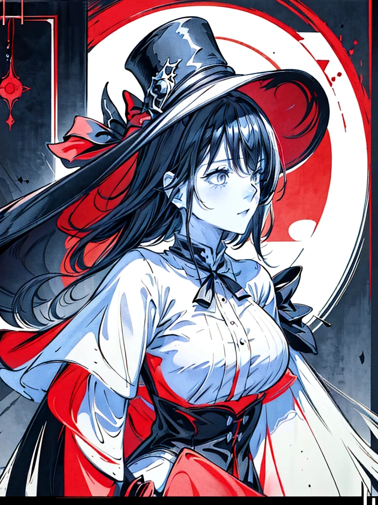 a close up of a person with a hat and a top hat, kawacy, anime cover, gothic harts, shadowverse style, from arknights, high detailed official artwork, black and white with red hearts, harley queen, nightcore, monochrome and red color bleed, light novel cover art, artbook artwork, artwork in the style of guweiz
