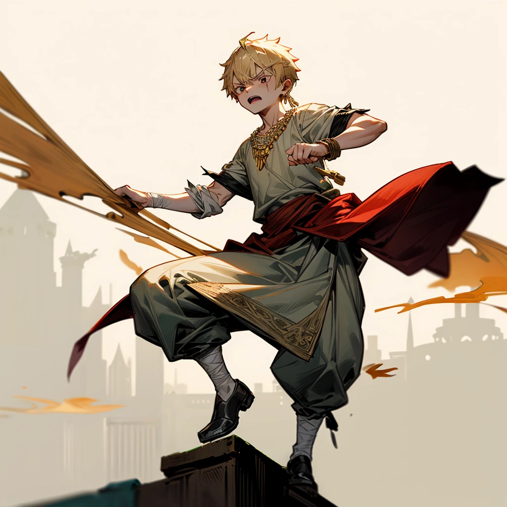 1little boy, Full body version, 1character, gray eyes color, angry eyes, eyeliner, reddish white skin, classic taper haircut, downturned eyes type, blonde colour hair, Ancient greek nobility clothing style, darkgreen color clothing, necklaces, bandage on hand, Grassroots background in castle, motion blur