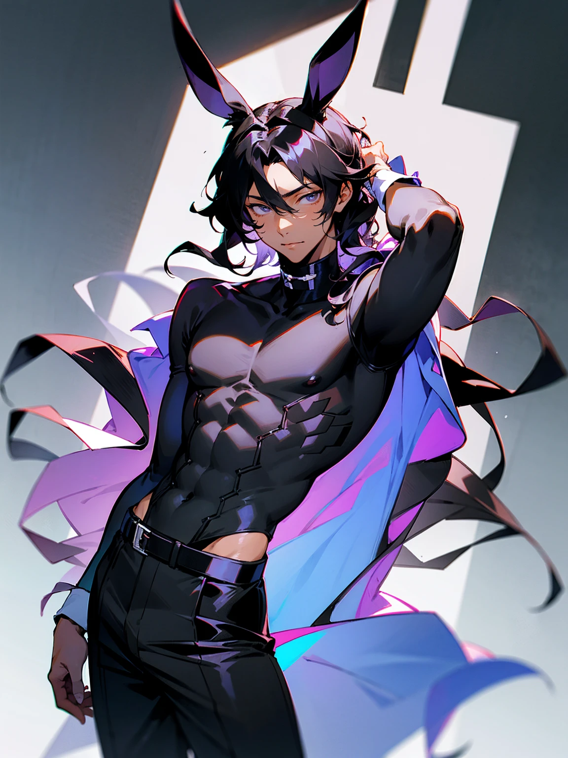 1male, young, dark skin, black hair, wavy middle parted hair, rabbit ears, grey eyes, lean build, black yukata, tied to waist, rabbit mask
