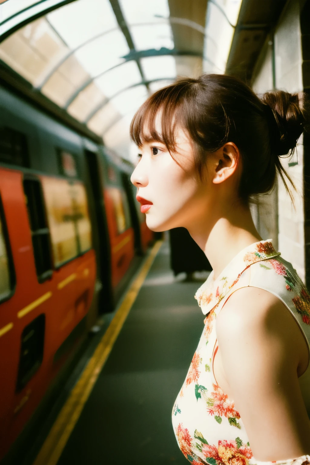 photoshoot by deborahWolf1, A skinny Japanese woman, (brown hair), (hair with elegant bun), cute face, detailed face, detailed eyes, detailed skin texture, (blush:0.2), (goosebumps:0.3), (White floral dress), underground scattering, Photorealistic, Hyperrealistic, hyperdetailed, analog style , tilted hip, demure, detailed skin, matte skin, soft lighting, subterranean scattering, realistic, heavy shadow, artwork, Best quality, ultra realistic, 8k, golden ratio, intricate, high detail, film photography, soft focus, stem, (({full|upper} body photo))