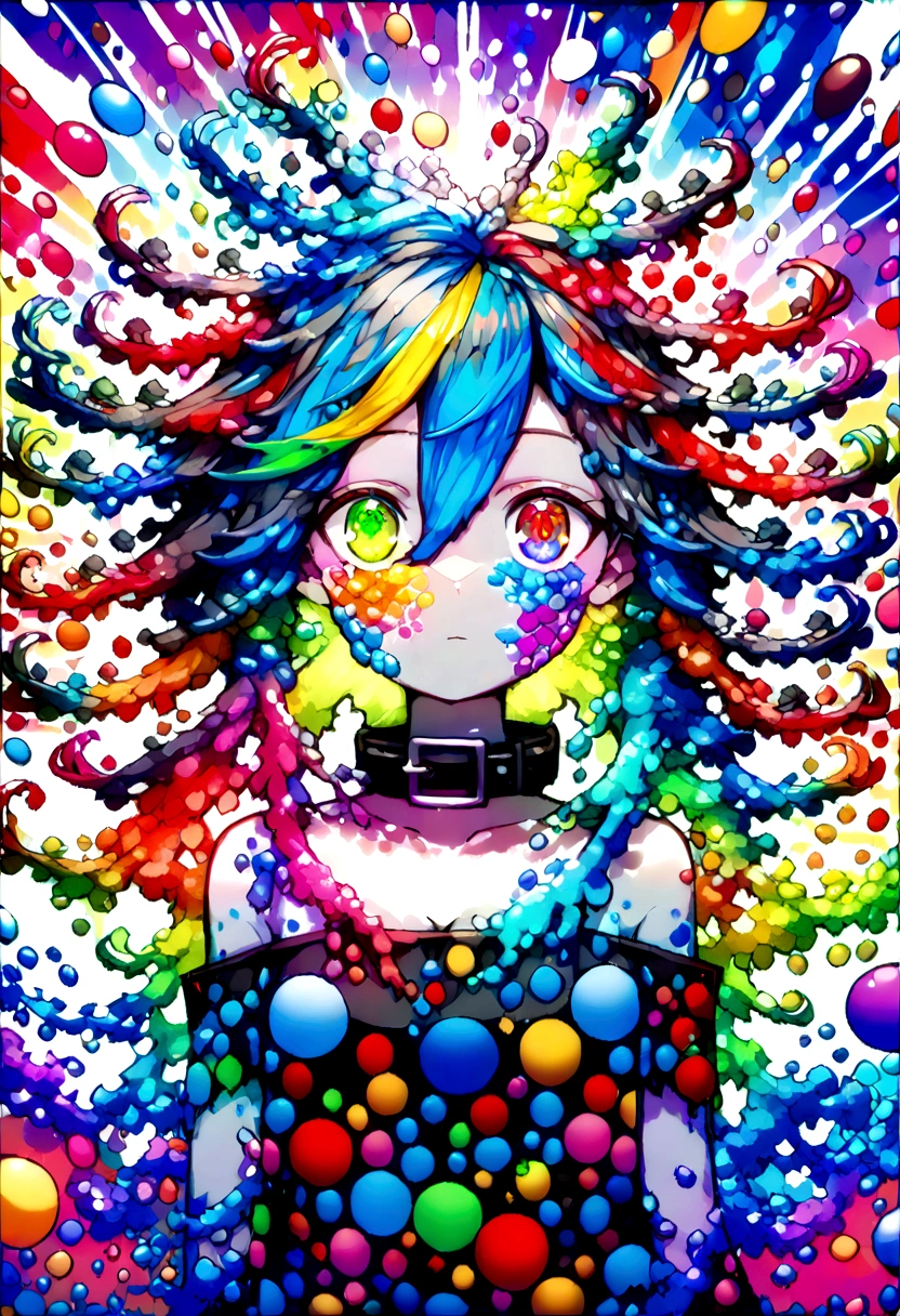 ((masterpiece)), (((best quality))), ((ultra-detailed)), ((illustration)),[realism light effect],shadow,(Fantasy style),(white background:1.6), simple background, (earth theme),(a cloak)[(hair focus,((1girl)),[(big slime hair): (cloud hair):0.3], (hair on background),(high saturation),(hair surrounded by galaxy splashes),)):((her hair is becoming galaxy clouds,:1.27628), (hair and clothes is galaxy clouds and cluster of stars:1.1025),(a cloak is becoming galaxy clouds)(colorful_galaxy_print_clusters_of_stars_print:1.35),((detailed starry sky with colorful galaxy and galaxy clouds):1.2)):0.35], (((masterpiece))),(((best quality))),((ultra-detailed)),(illustration),(dynamic angle),((floating)),(paint),((disheveled hair)),((beautiful detailed face)),collar,bare shoulders, ((colorful hair)),((streaked hair)),beautiful detailed eyes,(Gradient color eyes),(((colorful eyes))),(((colorful background))),(((high saturation))),(((surrounded by colorful splashes))),(((surrounded by colorful dot))),colorful bubble,((shining)),