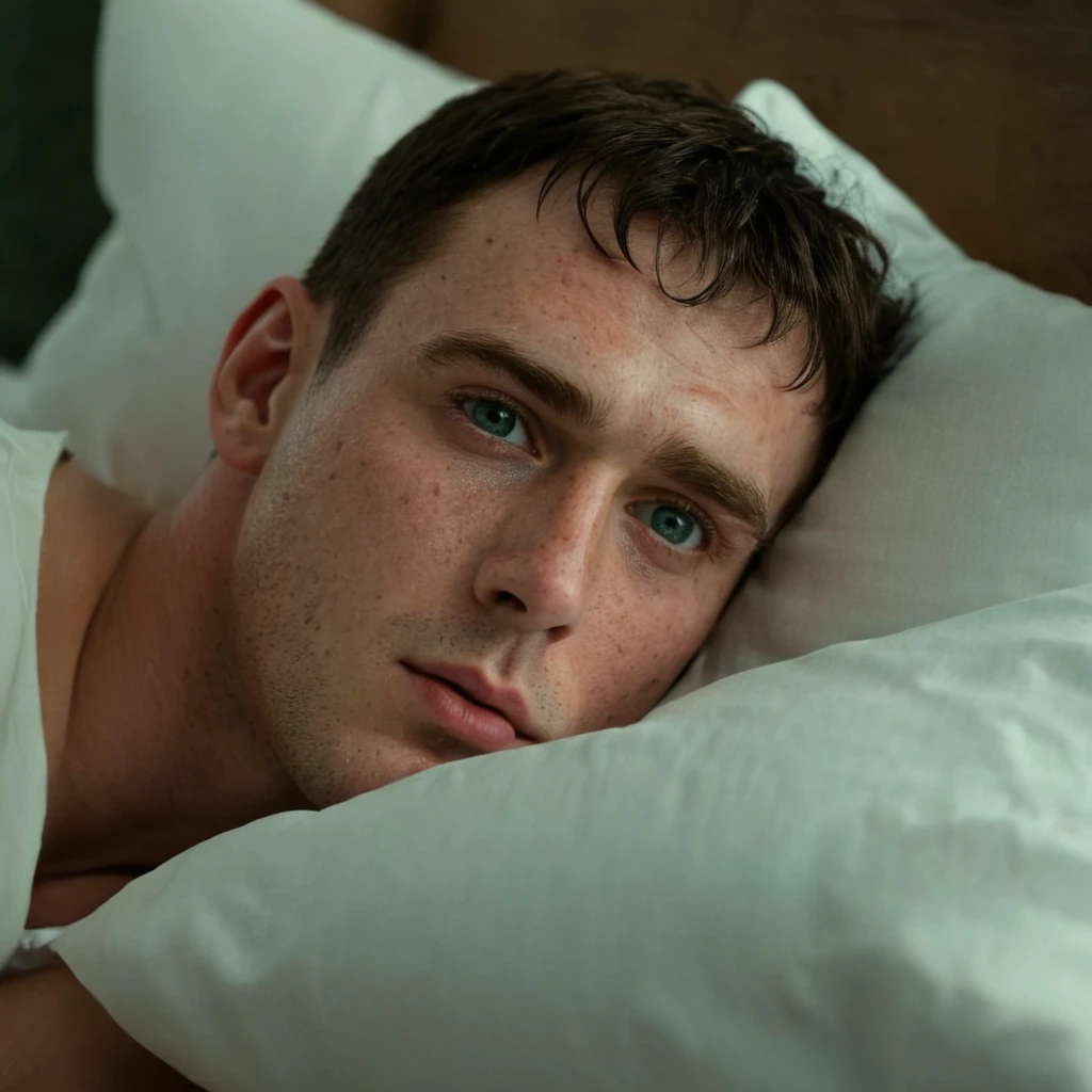 Cinematic film still of  sharp detailed,
Blue-eyed man lying in bed,alone,View your viewers,Black Hair,One boy,,Green Eyes,Male Focus,Blurred,lips,Portraiture,close,freckles,Genuineistic,nose , Genuineistic, Genuine, photo Genuine, Cinematic, dramatic, Film Look, dramatic light, unGenuine engine, 3D Computer Graphics, High resolution, HyperGenuineism Style, close, Shallow depth of field, Vignette, Very detailed, High budget, Bokeh, CinemaScope, Sulky, amazing, nice, Film Grain, granular,Vomit