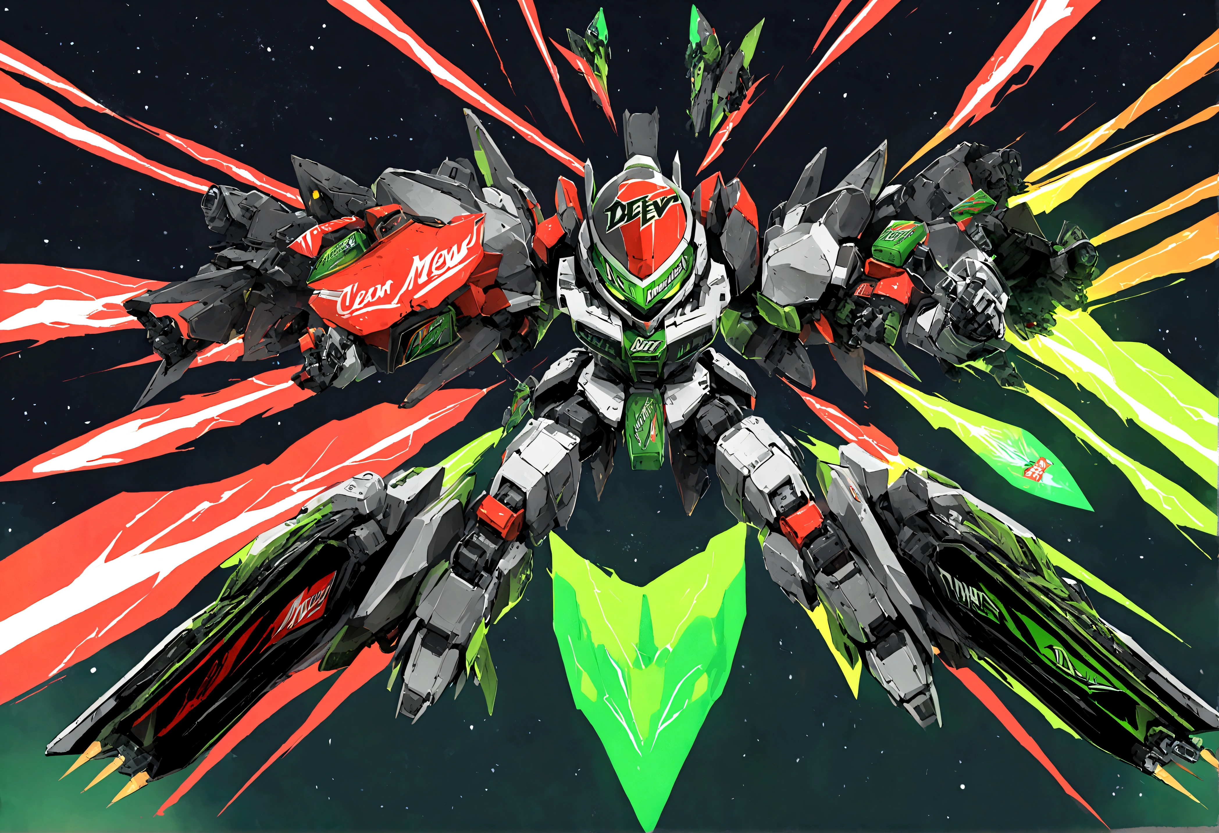 The robotic forces of Coca Cola (coke trademark color scheme) battle the robot samurais of clan Mountain Dew (Mountain Dew logos and color scheme), space battle, rocket thrust