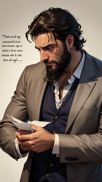 A man ( MANOLO)with a disheveled appearance and with several days of beard, tears in the eyes, while holding a crumpled letter in his hands.Text: "The words in this letter are not enough to tell you how much I miss you.."