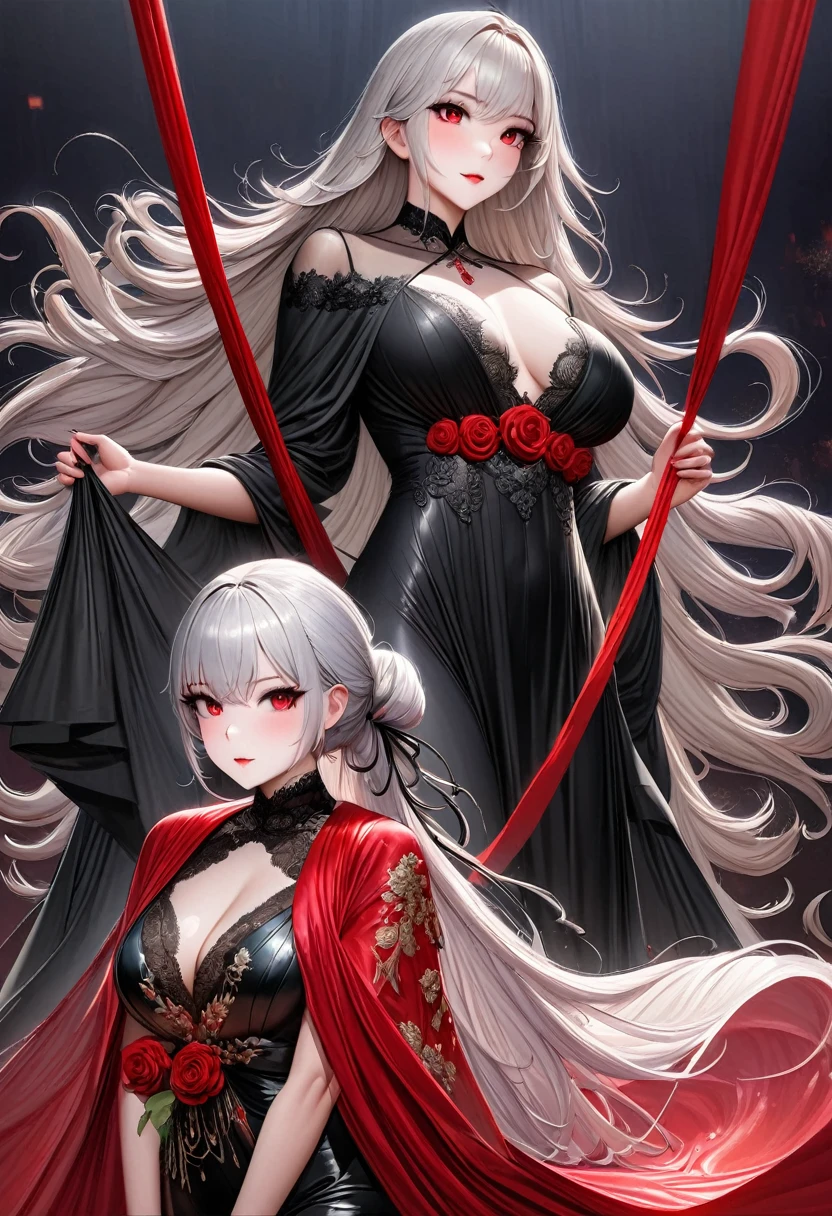 best quality, Ridiculous, Extremely detailed, 2.5D, delicate and dynamic, Beautiful woman, White hair tied up, Gorgeous black evening dress, Red Line, Shiny satin fabric, Lace, embroidery, robe, shawl, Accessories, Attractive appearance, Optimal body proportions, Gorgeous effect, Background Aristocratic Social Background, Silver-grey hair, Red Rose Eyes