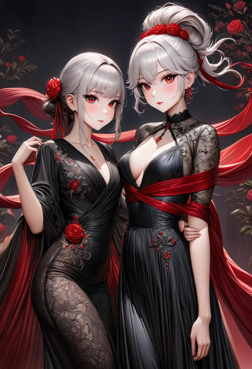 best quality, Ridiculous, Extremely detailed, 2.5D, delicate and dynamic, Beautiful woman, White hair tied up, Gorgeous black evening dress, Red Line, Shiny satin fabric, Lace, embroidery, robe, shawl, Accessories, Attractive appearance, Optimal body proportions, Gorgeous effect, Background Aristocratic Social Background, Silver-grey hair, Red Rose Eyes