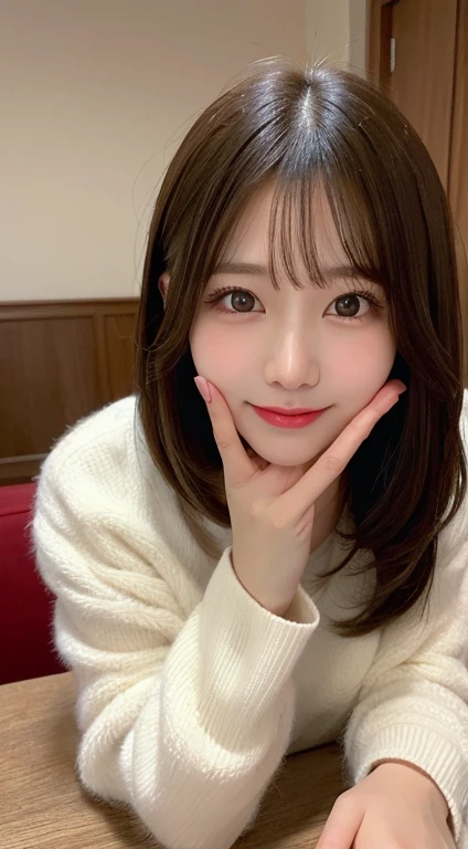 Tabletop, Highest quality, figure, Super detailed, In detail, High resolution, 8k wallpaper, Perfect dynamic composition, Beautiful attention to detail, White fluffy winter clothes,Medium Hair,,Natural color lip, Bold sexy pose,smile,Mansion(room)、20-year-old girl、cute、A sexy look for the camera,Perfect beautiful face and fingers,Take close-up photos of your face,Take a picture of only the face