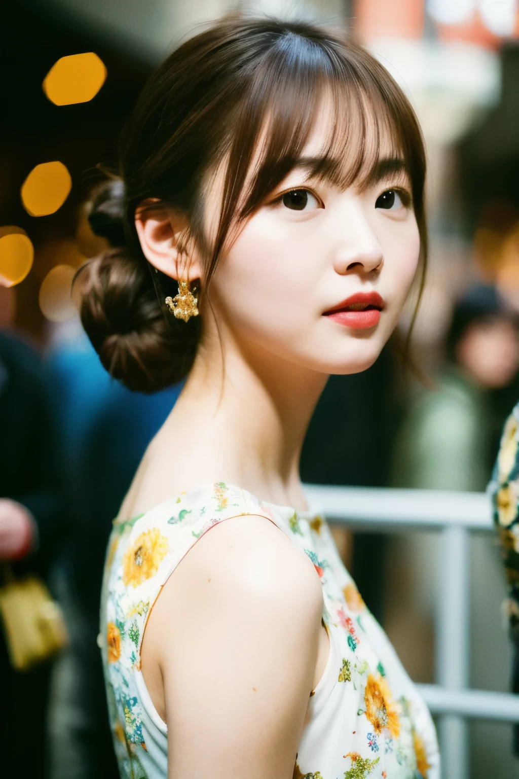 photoshoot by deborahWolf1, A skinny Japanese woman, (brown hair), (hair with elegant bun), cute face, detailed face, detailed eyes, detailed skin texture, (blush:0.2), (goosebumps:0.3), (White floral dress), underground scattering, Photorealistic, Hyperrealistic, hyperdetailed, analog style , tilted hip, demure, detailed skin, matte skin, soft lighting, subterranean scattering, realistic, heavy shadow, artwork, Best quality, ultra realistic, 8k, golden ratio, intricate, high detail, film photography, soft focus, stem, (({full|upper} body photo))