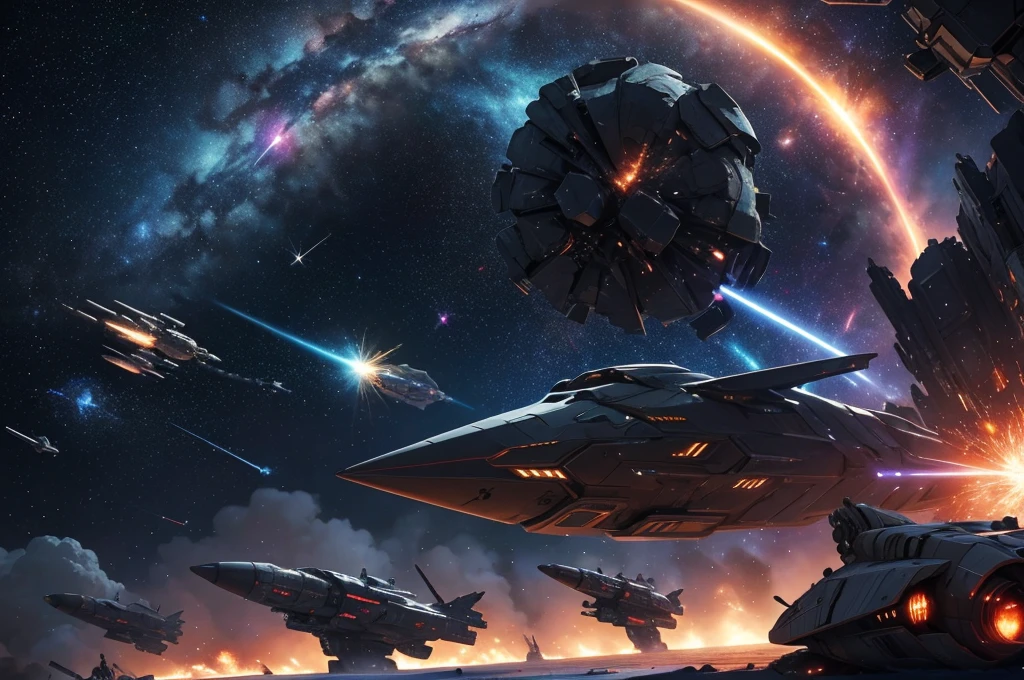 Epic space war scene featuring massive spaceships engaged in a fierce battle. The backdrop is a starry galaxy with explosions and laser beams lighting up the dark void. Highlight detailed spacecraft designs, some sleek and futuristic, others rugged and battle-worn, with fighters zooming around and debris scattered in space.