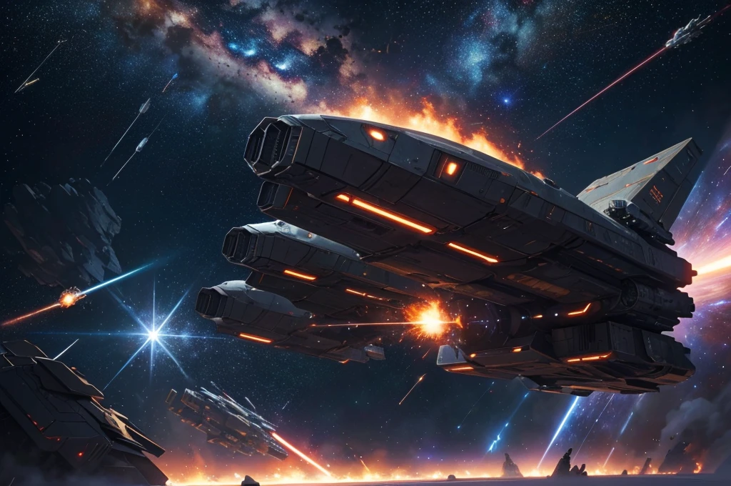 Epic space war scene featuring massive spaceships engaged in a fierce battle. The backdrop is a starry galaxy with explosions and laser beams lighting up the dark void. Highlight detailed spacecraft designs, some sleek and futuristic, others rugged and battle-worn, with fighters zooming around and debris scattered in space.