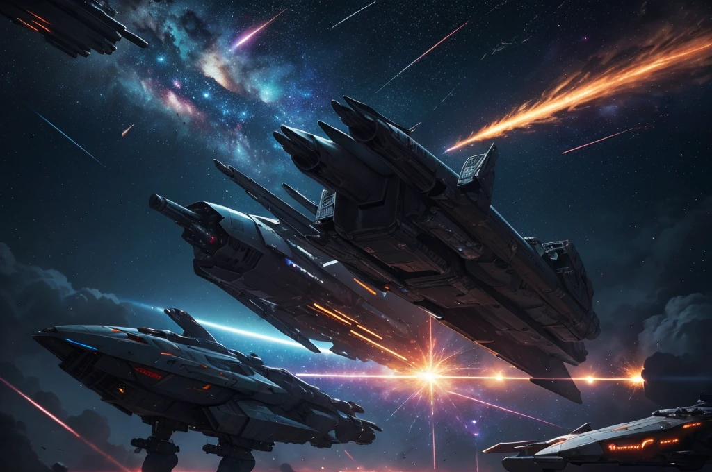 Epic space war scene featuring massive spaceships engaged in a fierce battle. The backdrop is a starry galaxy with explosions and laser beams lighting up the dark void. Highlight detailed spacecraft designs, some sleek and futuristic, others rugged and battle-worn, with fighters zooming around and debris scattered in space.