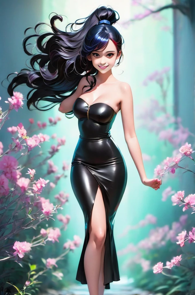 a girl with long hair and a black dress stands in front of a blue light, :: rossdraws, anime girl with cosmic hair, beautiful anime art style, loish |, jen bartel, loish art style, ross tran style, artgerm and atey ghailan, by Ross Tran, in the style of ross tran, by Ryan Yee