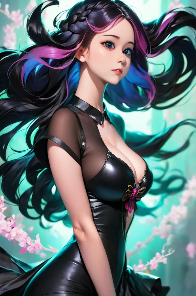 a girl with long hair and a black dress stands in front of a blue light, :: rossdraws, anime girl with cosmic hair, beautiful anime art style, loish |, jen bartel, loish art style, ross tran style, artgerm and atey ghailan, by Ross Tran, in the style of ross tran, by Ryan Yee