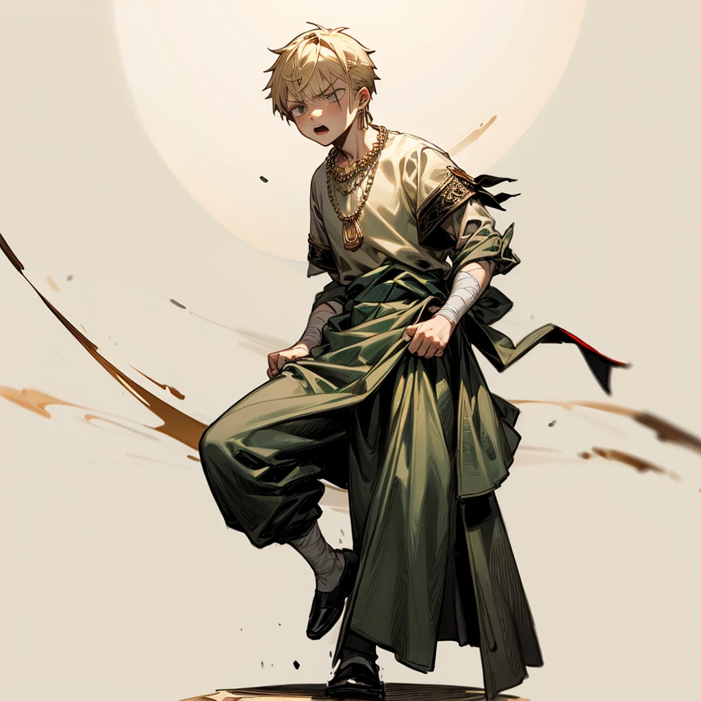 1little boy, Full body version, 1character, gray eyes color, angry eyes, eyeliner, reddish white skin, classic taper haircut, downturned eyes type, blonde colour hair, Ancient greek  nobility clothing style, darkgreen color clothing, necklaces, bandage on hand, Grassroots background in castle, motion blur 