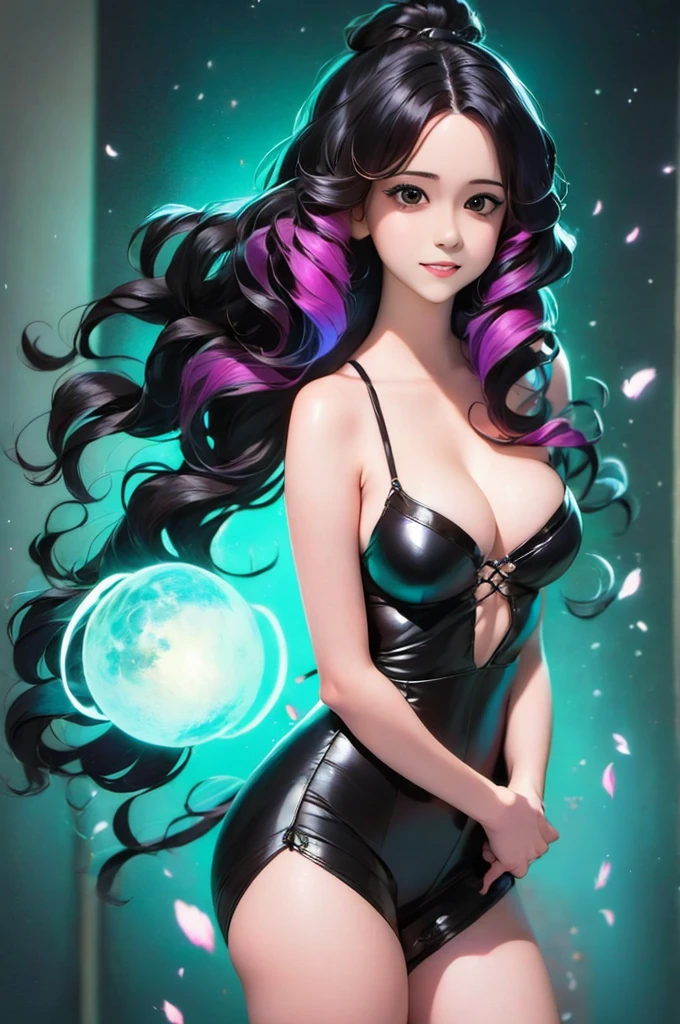 a girl with long hair and a black dress stands in front of a blue light, concept art by Ross Tran, Artstation, conceptual art, :: rossdraws, anime girl with cosmic hair, beautiful anime art style, loish |, jen bartel, loish art style, ross tran style, artgerm and atey ghailan