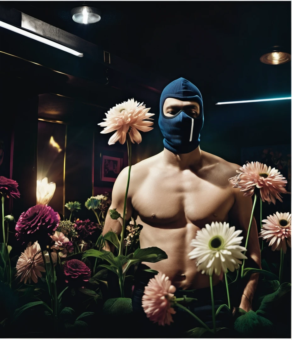 there is a man with a balaclava mask standing in a nightclub, with flower collage, Steven Klein, ark album cover, inspired por Hedi Xandt