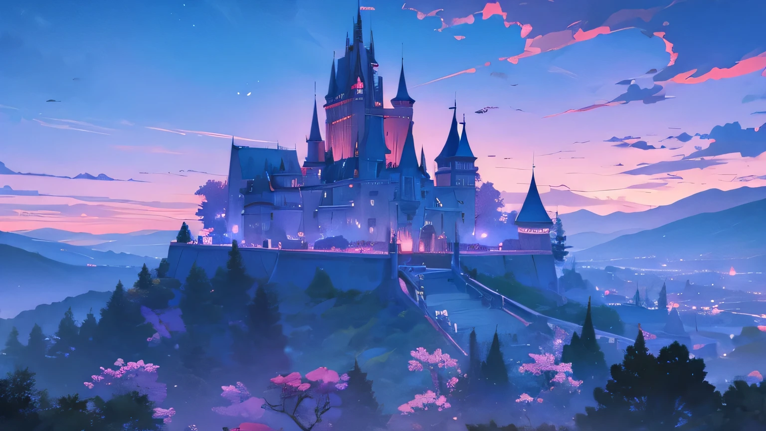 vampire night, a big castle on the mountain, a wizards an whitches flying in the background with blooms