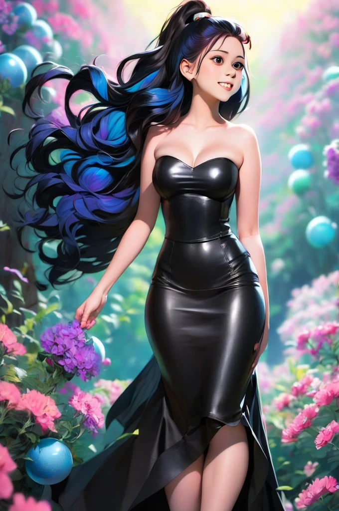 a girl with long hair and a black dress stands in front of a blue light, :: rossdraws, anime girl with cosmic hair, beautiful anime art style, loish |, jen bartel, loish art style, ross tran style, artgerm and atey ghailan, by Ross Tran, in the style of ross tran, by Ryan Yee