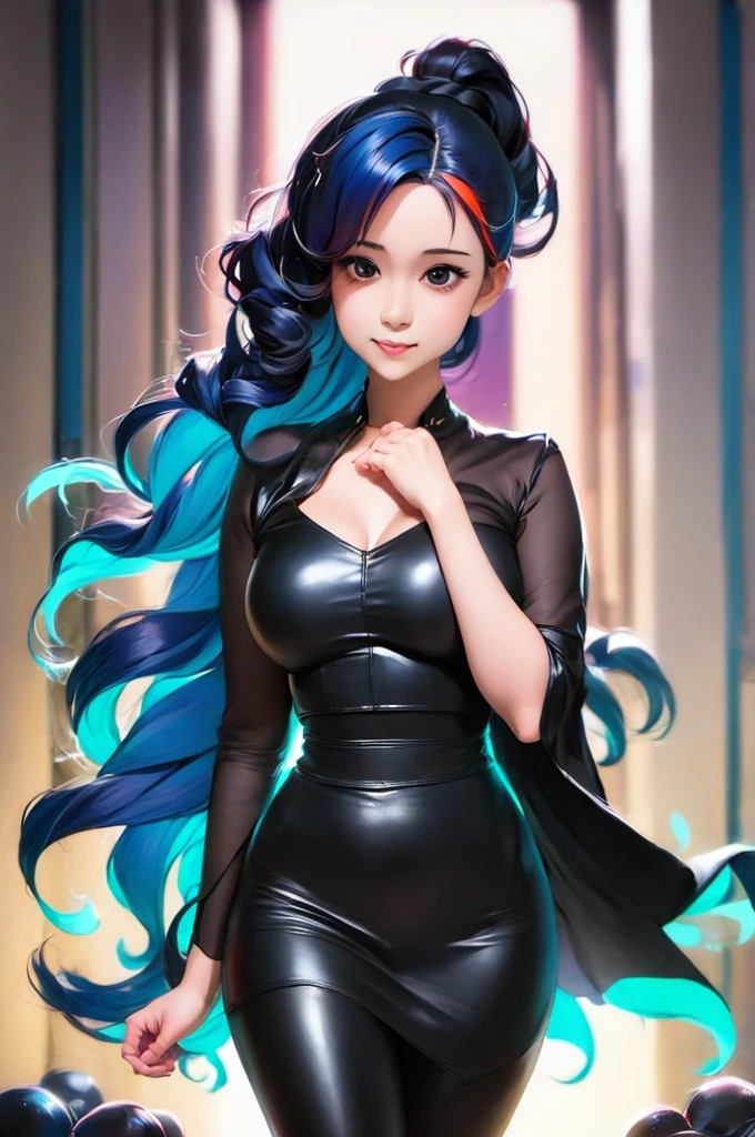 a girl with long hair and a black dress stands in front of a blue light, :: rossdraws, anime girl with cosmic hair, beautiful anime art style, loish |, jen bartel, loish art style, ross tran style, artgerm and atey ghailan, by Ross Tran, in the style of ross tran, by Ryan Yee