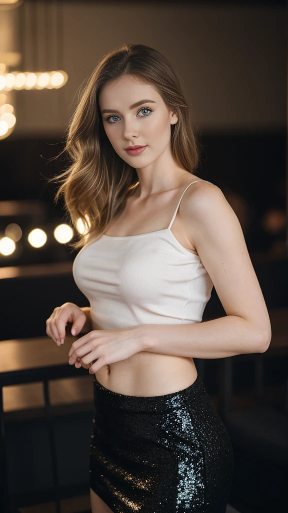 an icelandic woman with beautiful Delicate eyes, Beautiful and delicate lips, Extremely detailed face and skin, Pale skin, 23 years old, Wearing a one-shoulder T-shirt, black sequined skirt, skirt, high heels, medium long shot, dancing in the dance hall, beautiful lights, sexy figure, long legs, full body portrait. Beautiful photography，Long eyelashes, Good anatomy , Practical skin texture, Delicate eyes, professional, 4K, Wide-angle lens, Optical Depth of Field, Kodak Vision Color, Perfectly proportioned body, Extremely detailed, ultra-photoPractical, Practical, Post-Processing, Maximum details, Roughness, real life, ultra -Practical, Photorealism, photography, 8K Ultra HD, photography