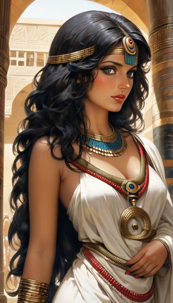 Femme égyptienne , avec une grosse poitrine, une peau de serpent, de l'Égypte antique, dans un temple égyptien, porte une robe rouge et couleur sable, épousant le corps, a de long cheveux raide noirs orné de nombreux bijoux,  la femme est enceinte de serpent, sa poitrine gonflé de lait, des crochets de serpent, visible lorsqu'elle sourit, a des yeux doré a pupilles reptilienne, porte un cobra noir 