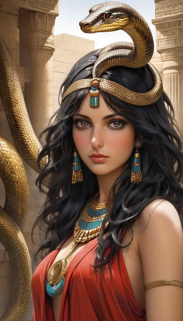 Femme égyptienne , avec une grosse poitrine, une peau de serpent, de l'Égypte antique, dans un temple égyptien, porte une robe rouge et couleur sable, épousant le corps, a de long cheveux raide noirs orné de nombreux bijoux,  la femme est enceinte de serpent, sa poitrine gonflé de lait, des crochets de serpent, visible lorsqu'elle sourit, a des yeux doré a pupilles reptilienne, porte un cobra noir 