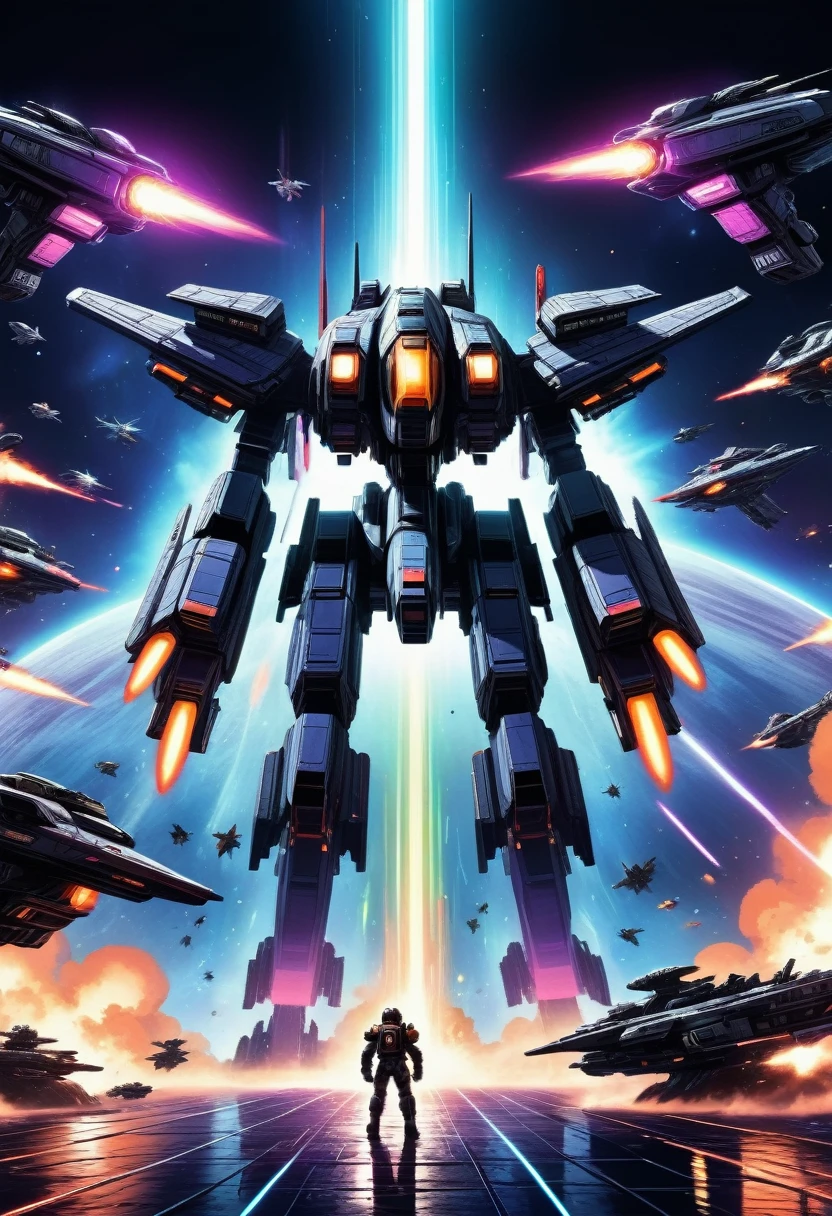 8k, high quality, futuristic space battle, intense space combat, retro 8-bit pixel art, powerful visual effects, cinematic lighting, dynamic camera angles, vivid color palette, deep shadows, neon glow, mechanical designs, intricate details, digital art, sci-fi, concept art