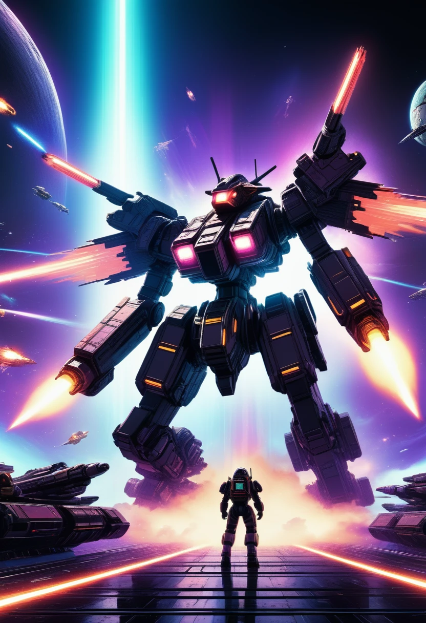 8k, high quality, futuristic space battle, intense space combat, retro 8-bit pixel art, powerful visual effects, cinematic lighting, dynamic camera angles, vivid color palette, deep shadows, neon glow, mechanical designs, intricate details, digital art, sci-fi, concept art