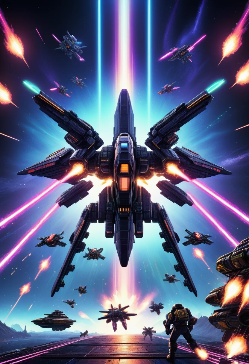 8k, high quality, futuristic space battle, intense space combat, retro 8-bit pixel art, powerful visual effects, cinematic lighting, dynamic camera angles, vivid color palette, deep shadows, neon glow, mechanical designs, intricate details, digital art, sci-fi, concept art