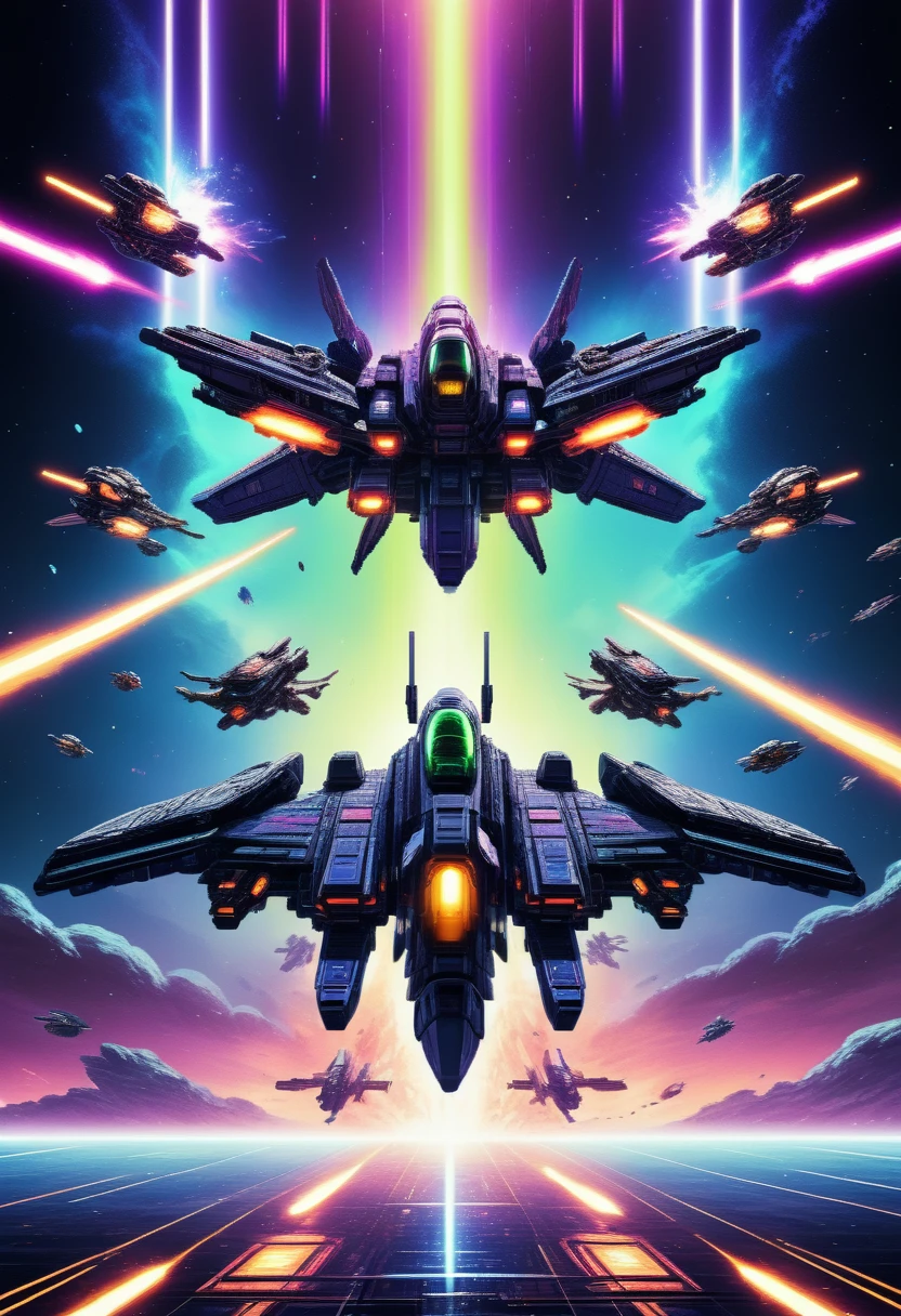 8k, high quality, futuristic space battle, intense space combat, retro 8-bit pixel art, powerful visual effects, cinematic lighting, dynamic camera angles, vivid color palette, deep shadows, neon glow, mechanical designs, intricate details, digital art, sci-fi, concept art