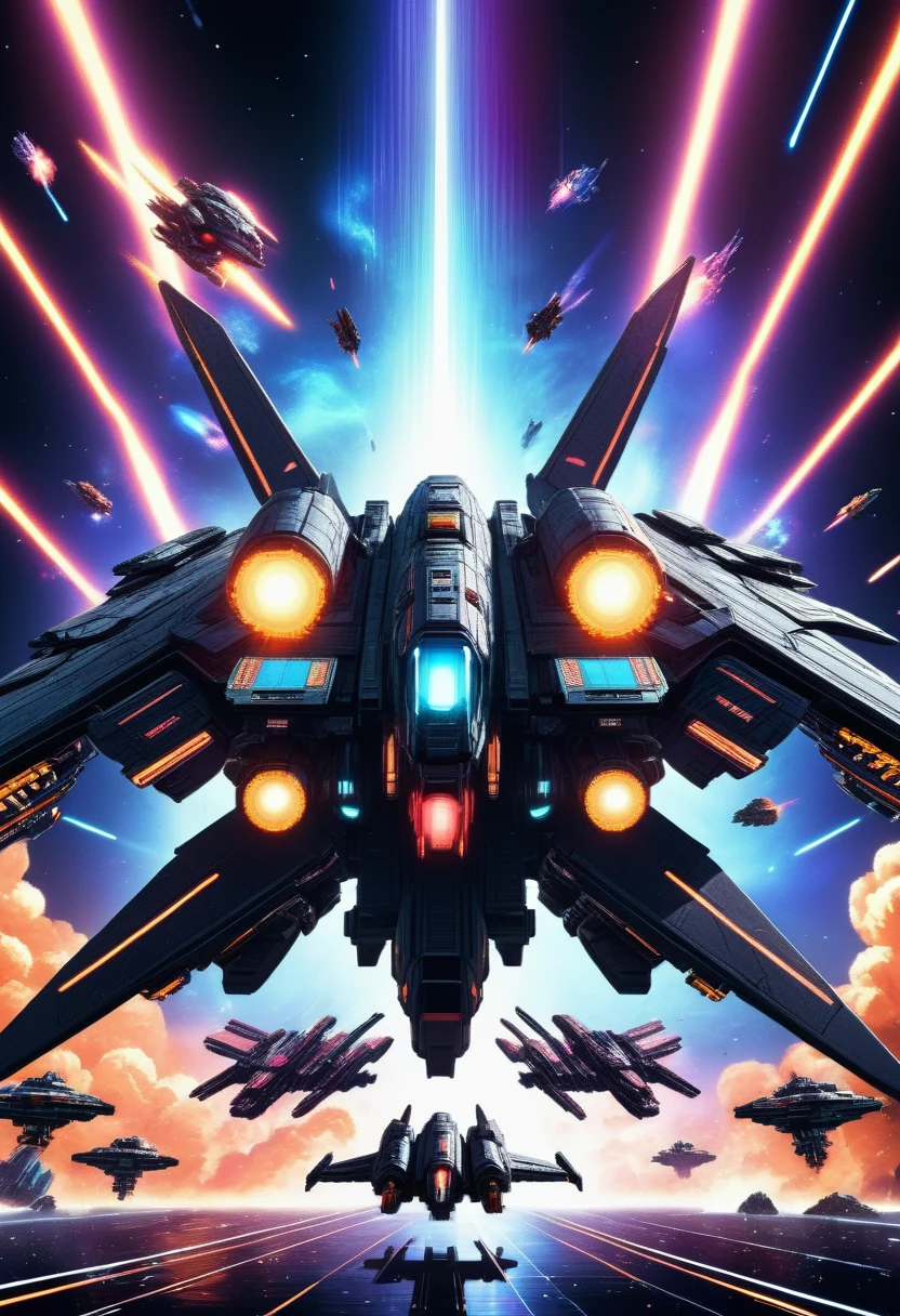 8k, high quality, futuristic space battle, intense space combat, retro 8-bit pixel art, powerful visual effects, cinematic lighting, dynamic camera angles, vivid color palette, deep shadows, neon glow, mechanical designs, intricate details, digital art, sci-fi, concept art