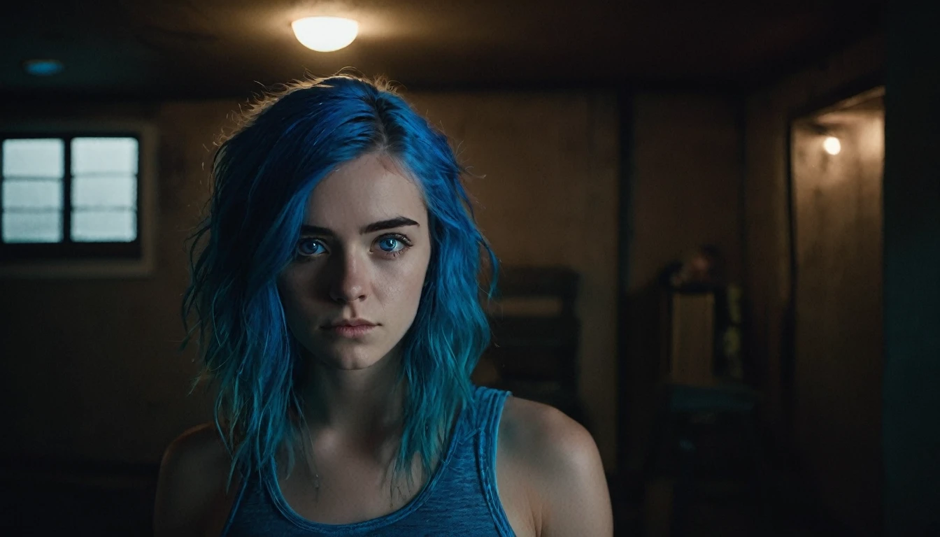 A detailed image of a 23-year-old woman with blue hair and blue eyes, wearing a tank top, standing and looking at the camera with a serious expression, in a dark room during the late night, taken with a cinematic camera, using portrait with cinematic lighting --ar 16:9 --s 1000 --v 6