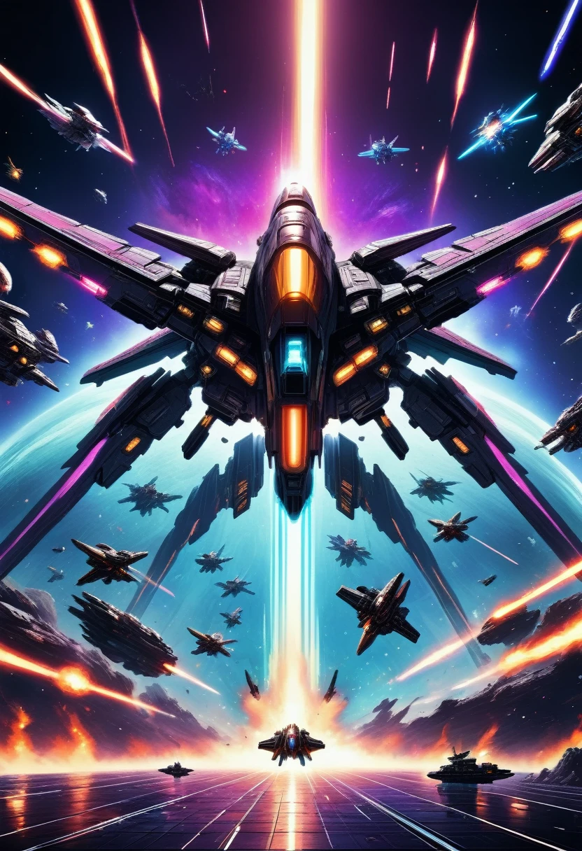 8k, high quality, futuristic space battle, intense space combat, retro 8-bit pixel art, powerful visual effects, cinematic lighting, dynamic camera angles, vivid color palette, deep shadows, neon glow, mechanical designs, intricate details, digital art, sci-fi, concept art