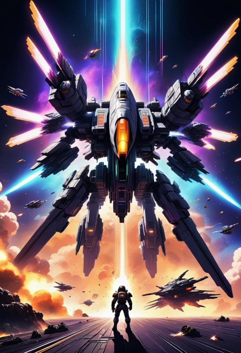 8k, high quality, futuristic space battle, intense space combat, retro 8-bit pixel art, powerful visual effects, cinematic lighting, dynamic camera angles, vivid color palette, deep shadows, neon glow, mechanical designs, intricate details, digital art, sci-fi, concept art