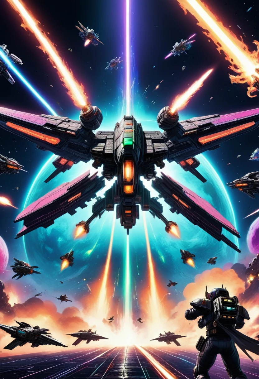 8k, high quality, futuristic space battle, intense space combat, retro 8-bit pixel art, powerful visual effects, cinematic lighting, dynamic camera angles, vivid color palette, deep shadows, neon glow, mechanical designs, intricate details, digital art, sci-fi, concept art