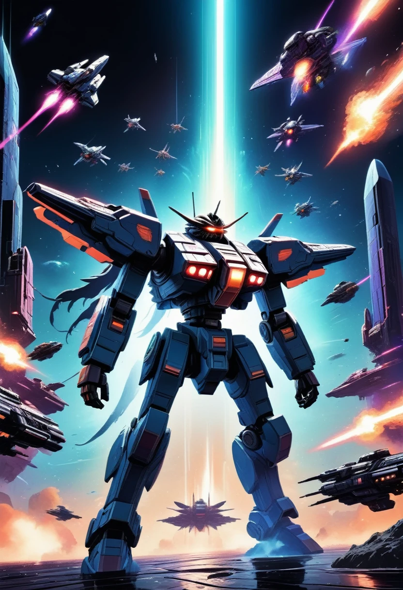 8k, high quality, futuristic space battle, intense space combat, retro 8-bit pixel art, powerful visual effects, cinematic lighting, dynamic camera angles, vivid color palette, deep shadows, neon glow, mechanical designs, intricate details, digital art, sci-fi, concept art